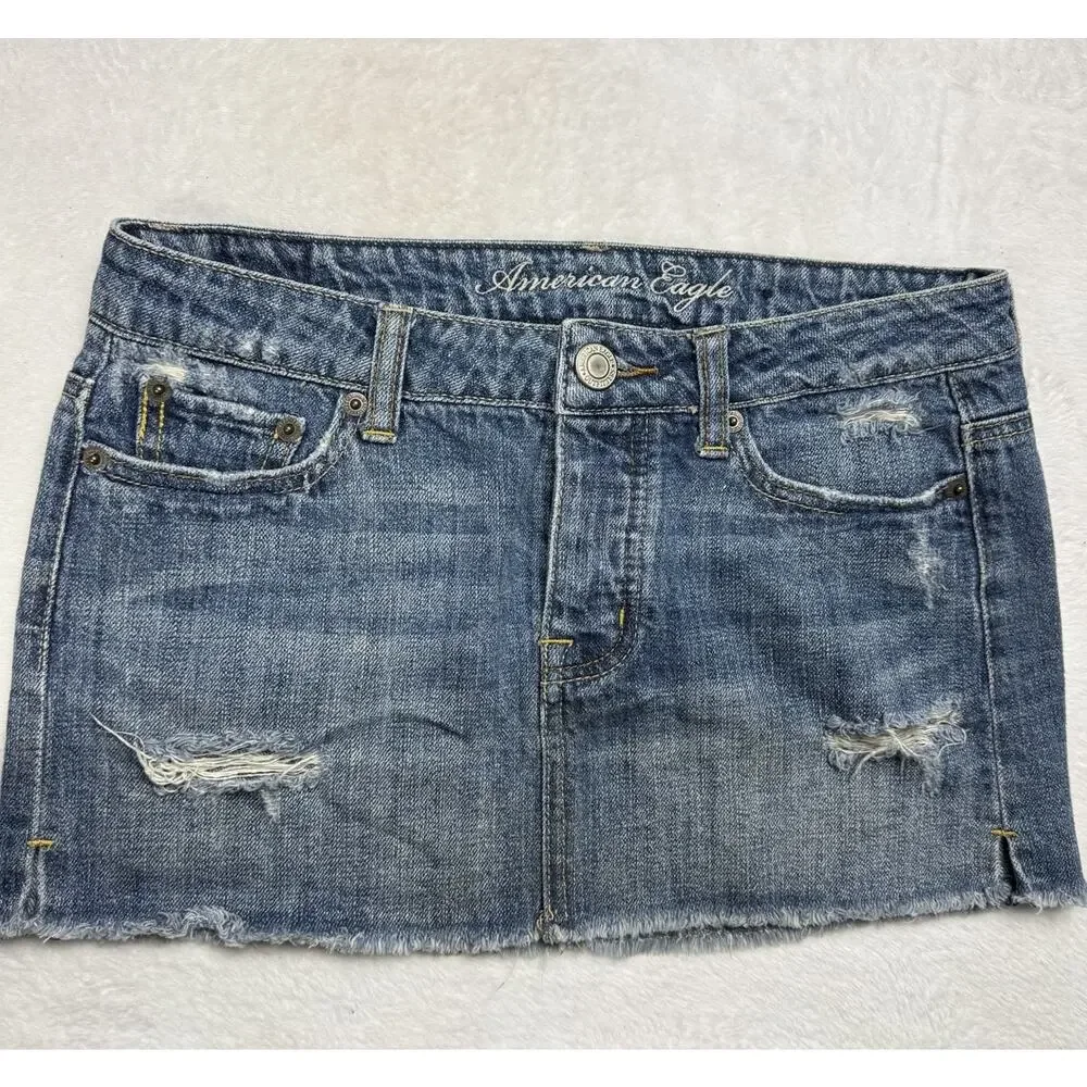 Vtg Y2k American Eagle Micro Mini Jean Denim Skirt XS 00 Raw Hem Distressed - Picture 1 of 4